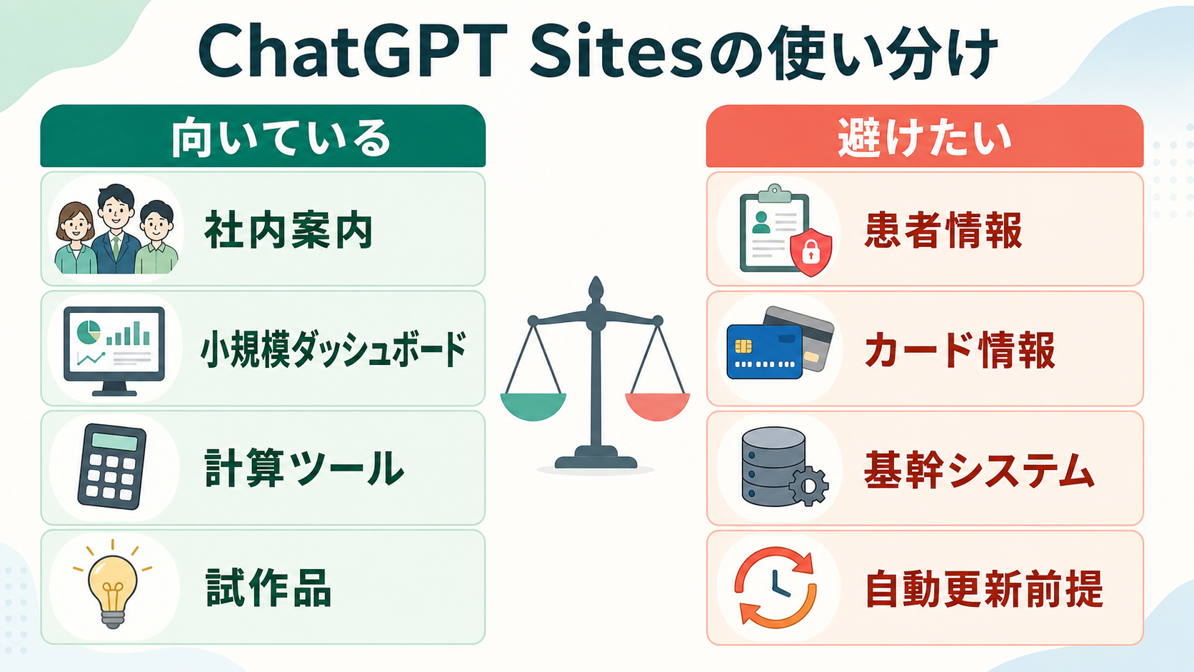 ChatGPT Sitesに向く社内案内、小規模ダッシュボード、計算ツール、試作品と、避けたい患者情報、カード情報、基幹システム、自動更新前提の用途を比較した図解